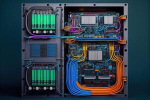 illustration of a platform for hosting contemporary Internet contents. Rack housing server data storage hardware. The equipment in the data center is connected by a lot of network cables photo