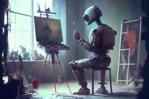 generativo ai ilustración de cyborg ai robot artista en oscuro estudio siguiente a su caballete, pintura y pinturas mientras laboral, neural red generado Arte. digitalmente cuadro, generado imagen. foto