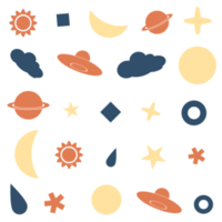 A Sticker of a sky at night with ufo, star, cloud, sun, moon, Saturn, raindrop, half moon, and ice in white, orange, and yellow with white edges, PNG transparent background, illustration