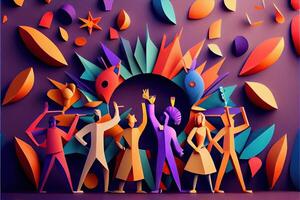 generativo ai ilustración de personas en nuevo años víspera fiesta fondo, hombres y mujer celebrando Días festivos juntos, ir de fiesta, aplausos y baile. papel cortar artesanía, 3d papel ilustración estilo. foto