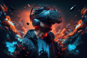 generativo ai ilustración de hombre con virtual realidad vr mirada sorprendida jugando Arkansas aumentado realidad juego y entretenimiento, futurista metaverso Gamefi nft juego ideas foto