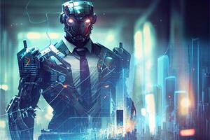 illustration of business robotic wear vest suit and tie, blur city background, data analyst, economic graphs, charts, crypto data, glass windows and buildings, skyscrapers, towers photo