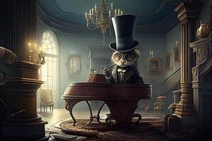 illustration of a surreal digital art of a cat wearing a top hat playing the grand piano photo