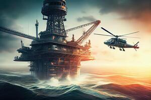 illustration of an offshore oil platform, with a helicopter parked on top of it and a bright flare burning in the background photo