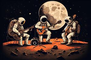 generativo ai ilustración de un trío de astronautas haciendo música en el lunar superficie foto