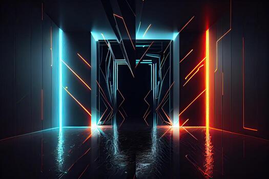 illustration of an abstract dark neon geometric background, set inside a dark and empty room with glowing laser lines on the walls, a wet concrete floor, with neon light reflections photo
