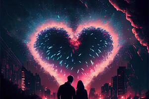 illustration of heart shaped fireworks . Lovers couple background night city . Valentine Day photo