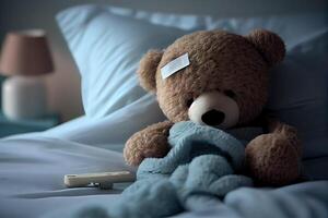 illustration of a teddy bear laying in bed and feeling sick photo