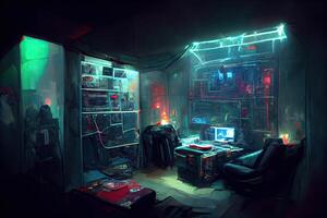 Generative AI illustration of messy and dark cyberpunk hacker hideout room with lights photo