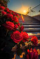 illustration of a bright roses in full bloom, more than 1000 red roses grow on the stairs, the background is the city photo
