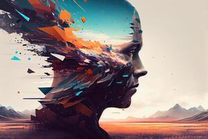 illustration of a mind in flux, a surreal digital artwork of a person's face fragmented into disparate states, state in mind, sad, negative, worry photo