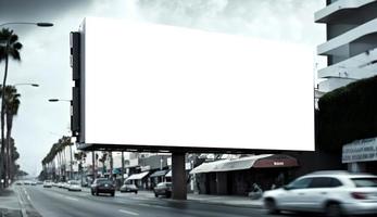 Empty advertisment billboard in the middle of road with cars moving, Outdoor ad space billboard mockup in city, Marketing banner ad space in city photo