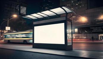 Modern Empty space advertisement board, blank white signboard in city in night, Bus stand empty billboard in night, Marketing banner ad space in city, Advertisement billboard on bus stand in city photo