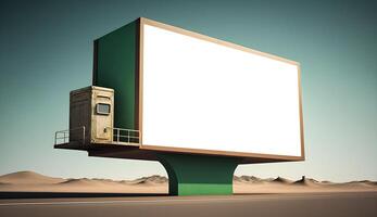 grande vacío Anuncio cartelera espacio para anuncio en autopista en Desierto área, generativo ai, borde del camino cartelera Bosquejo en verano, grande blanco cartelera Bosquejo en un abandonado paisaje foto