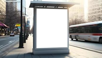 anuncio cartelera en autobús estar en ciudad, vacío espacio anuncio junta, blanco blanco letrero en borde del camino en ciudad, vertical vacío cartelera Bosquejo a borde del camino foto