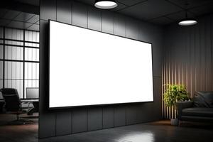 realista 3d lado ver de presentación pantalla en moderno oficina ambiente, moderno interior con amplio LED pantalla maqueta,led pantalla mokcup dentro oficina foto