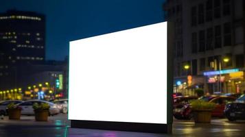 Blank billboard for outdoor advertisment, Marketing adverts space or placard display in city in night, Blank white signboard in city in night photo