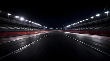 mpty carreras pista con iluminado luces en noche, vacío carreras pista con vacío tribuna o blanqueador asientos, realista hipódromo ver con pista luces o estadio luces foto
