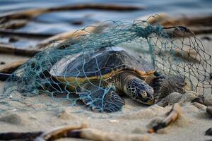 Tortuga atrapado en un el plastico bolsa. ai generado foto