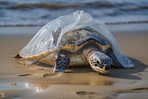 turtle caught in a plastic bag. photo