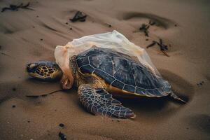 turtle caught in a plastic bag. photo