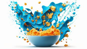 cornflakes in blue bowl. Breakfast cereal with splashing milk isolated on white background. photo