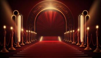 Red Carpet Bollywood Stage. Steps Spot Lights. Golden Royal Awards Graphics Background. photo