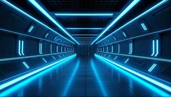 Blue White Led Lights Sci Fi Futuristic Modern Spaceship Dark Tunnel Corridor. photo