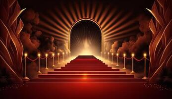 Red Carpet Bollywood Stage. Steps Spot Lights. Golden Royal Awards Graphics Background. photo