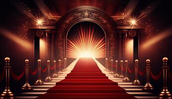 Red Carpet Bollywood Stage. Steps Spot Lights. Golden Royal Awards Graphics Background. photo