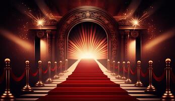 Red Carpet Bollywood Stage. Steps Spot Lights. Golden Royal Awards Graphics Background. photo