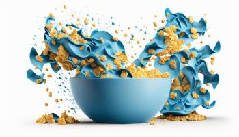 cornflakes in blue bowl. Breakfast cereal with splashing milk isolated on white background. photo