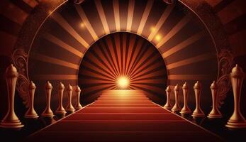 Red Carpet Bollywood Stage. Steps Spot Lights. Golden Royal Awards Graphics Background. photo