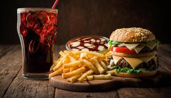 fast food and unhealthy eating concept - close up of fast food snacks and cola drink on wooden table. photo