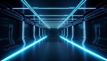 Blue White Led Lights Sci Fi Futuristic Modern Spaceship Dark Tunnel Corridor. photo