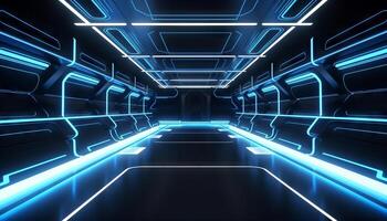 Blue White Led Lights Sci Fi Futuristic Modern Spaceship Dark Tunnel Corridor. photo