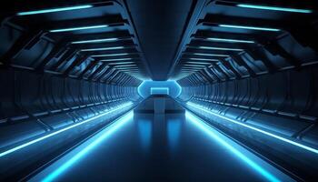 Blue White Led Lights Sci Fi Futuristic Modern Spaceship Dark Tunnel Corridor. photo
