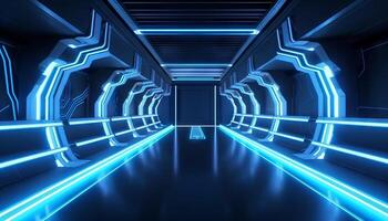 Blue White Led Lights Sci Fi Futuristic Modern Spaceship Dark Tunnel Corridor. photo