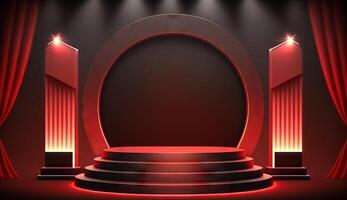 Stage Podium Scene for Award Ceremony on red Background. photo