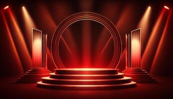 Stage Podium Scene for Award Ceremony on red Background. photo