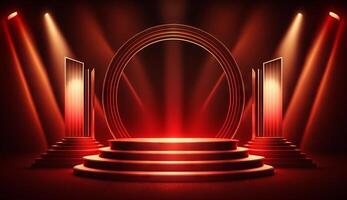 Stage Podium Scene for Award Ceremony on red Background. photo