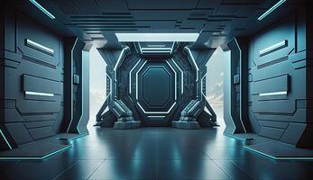 Futuristic interior with empty stage. Modern Future background. photo