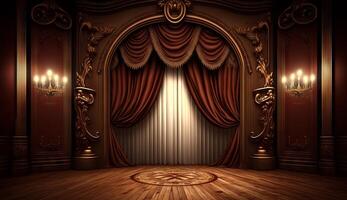 classic maroon curtains with light descended onto the center of the stage. photo