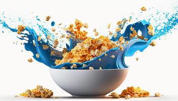 cornflakes in blue bowl. Breakfast cereal with splashing milk isolated on white background. photo