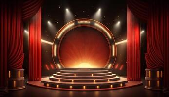 Stage for a show or TV entertainment with microphone, stairs, red curtains, spotlights, illumination and decor. photo