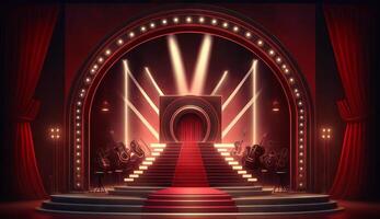 Stage for a show or TV entertainment with microphone, stairs, red curtains, spotlights, illumination and decor. photo