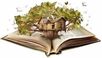 un casa del árbol construido alrededor un gigante libro. generativo ai foto