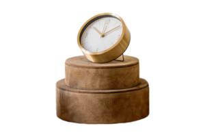 Golden clock with a brown clock stand isolated on a transparent background png