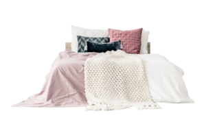 Bed with pink an white sheet, pillows and blanket isolated on a transparent background png