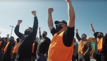construction workers raise their hands in the air labor day, photo